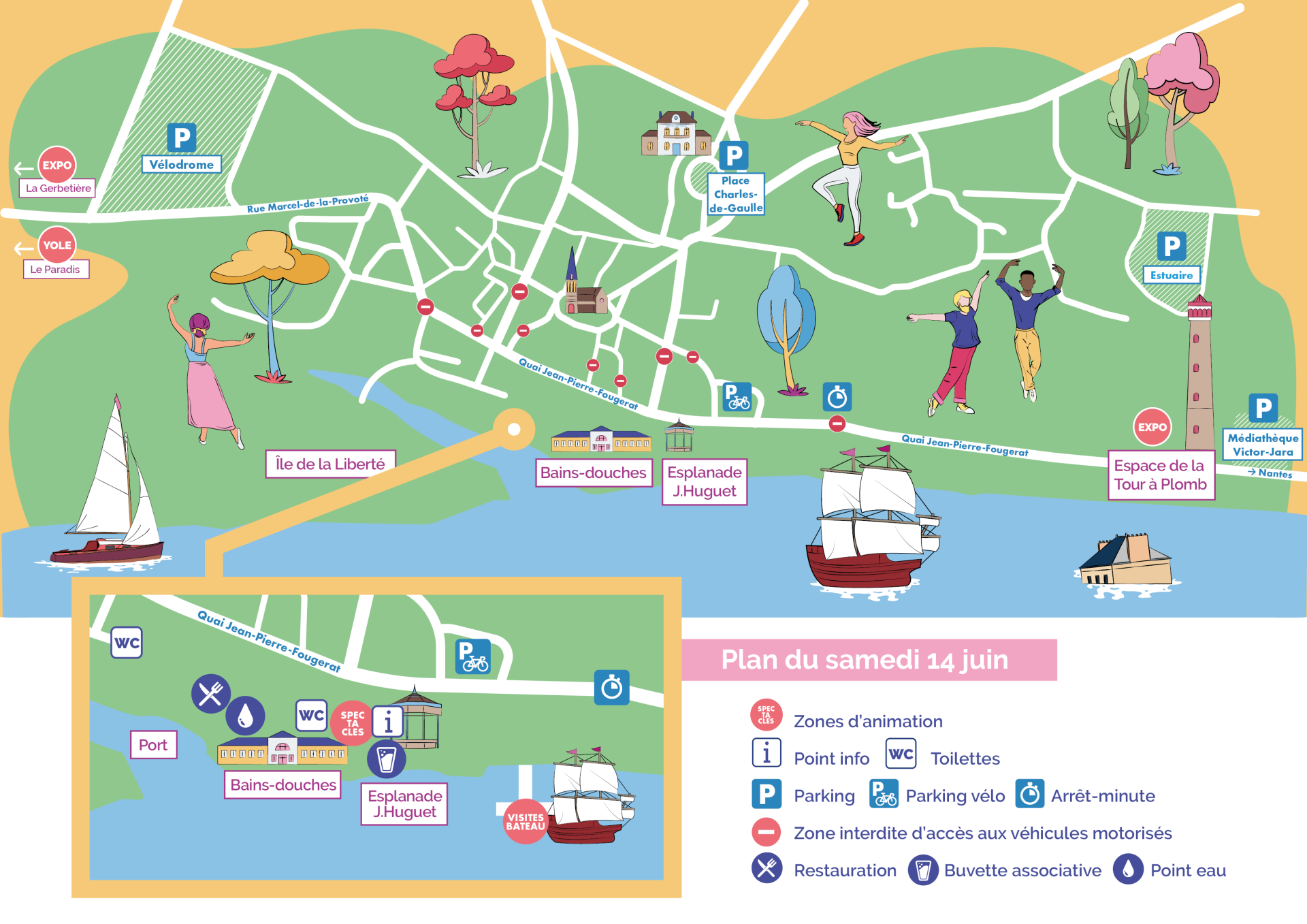 Plan d'implantation de la manifestation Débord de Loire à Couëron le samedi 14 juin 2025
