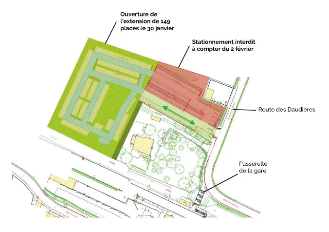 Plan du parking de la gare. Le nouveau parking de 149 places ouvre le vendredi 30 janvier 2026. L('ancien parking sera fermé à partir du lundi 2 février.
