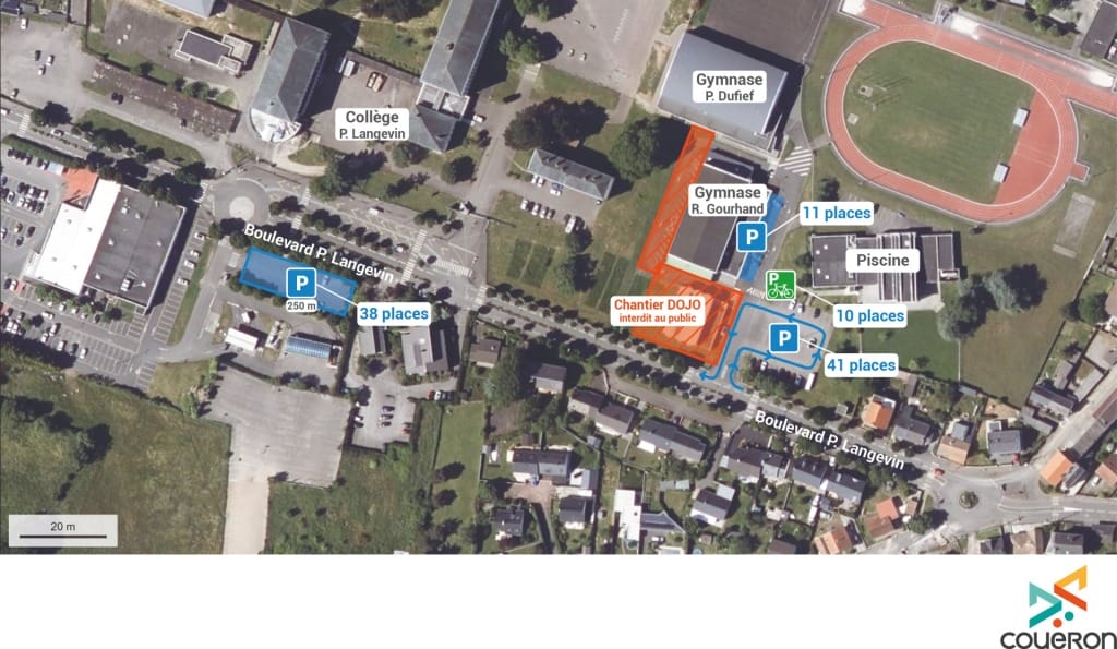 Plan de stationnement et de circulation durant la phase 1 des travaux de rénovation du dojo Jean-Claude-Le Quintrec