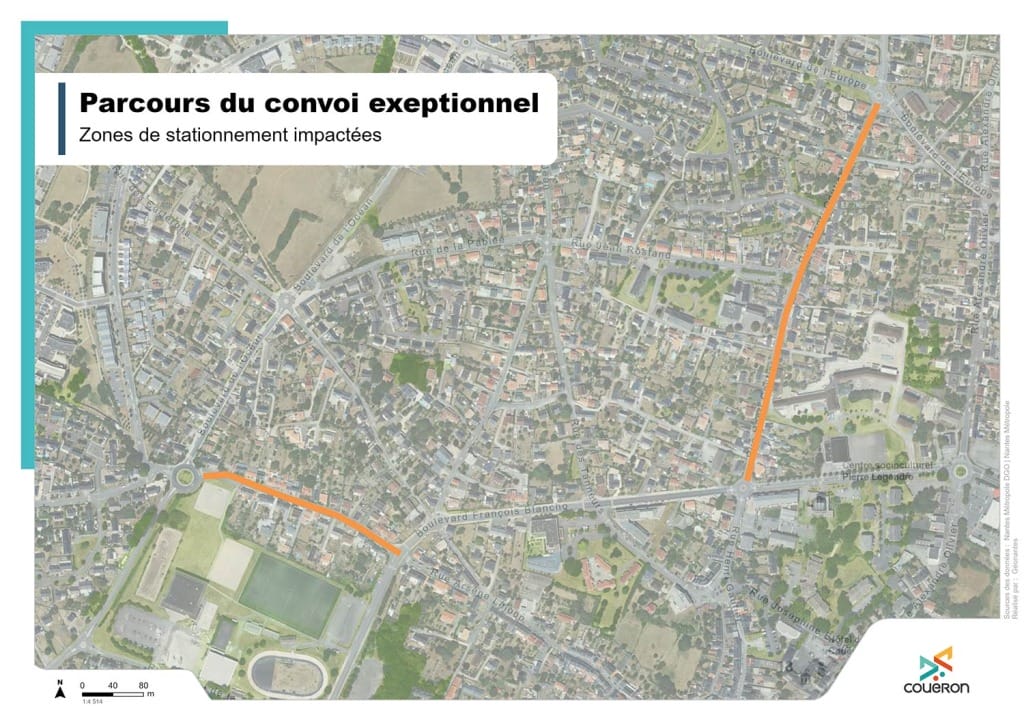 Vue aérienne d'une partie de Couëron bourg, représentant les rues où la circulation sera interdite lors du passage du convoi exeptionnel.